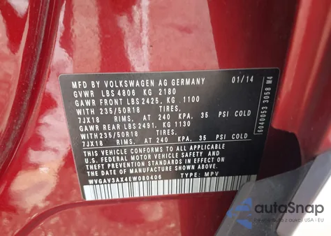 2014 Volkswagen Tiguan Se из США, поврежденный, VIN WVGAV3AX4EW080406